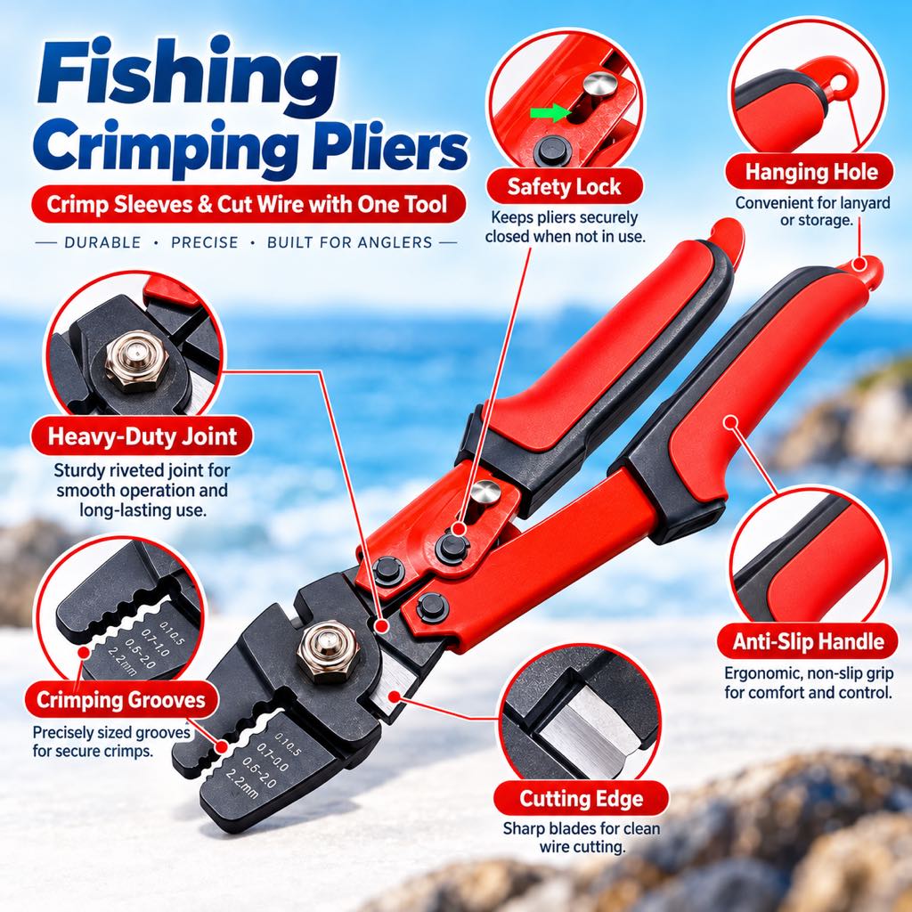 Fishing crimping pliers safety lock and non-slip handle details