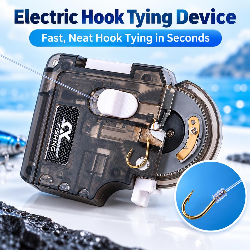 Electric fishing hook tying device for fast line wrapping