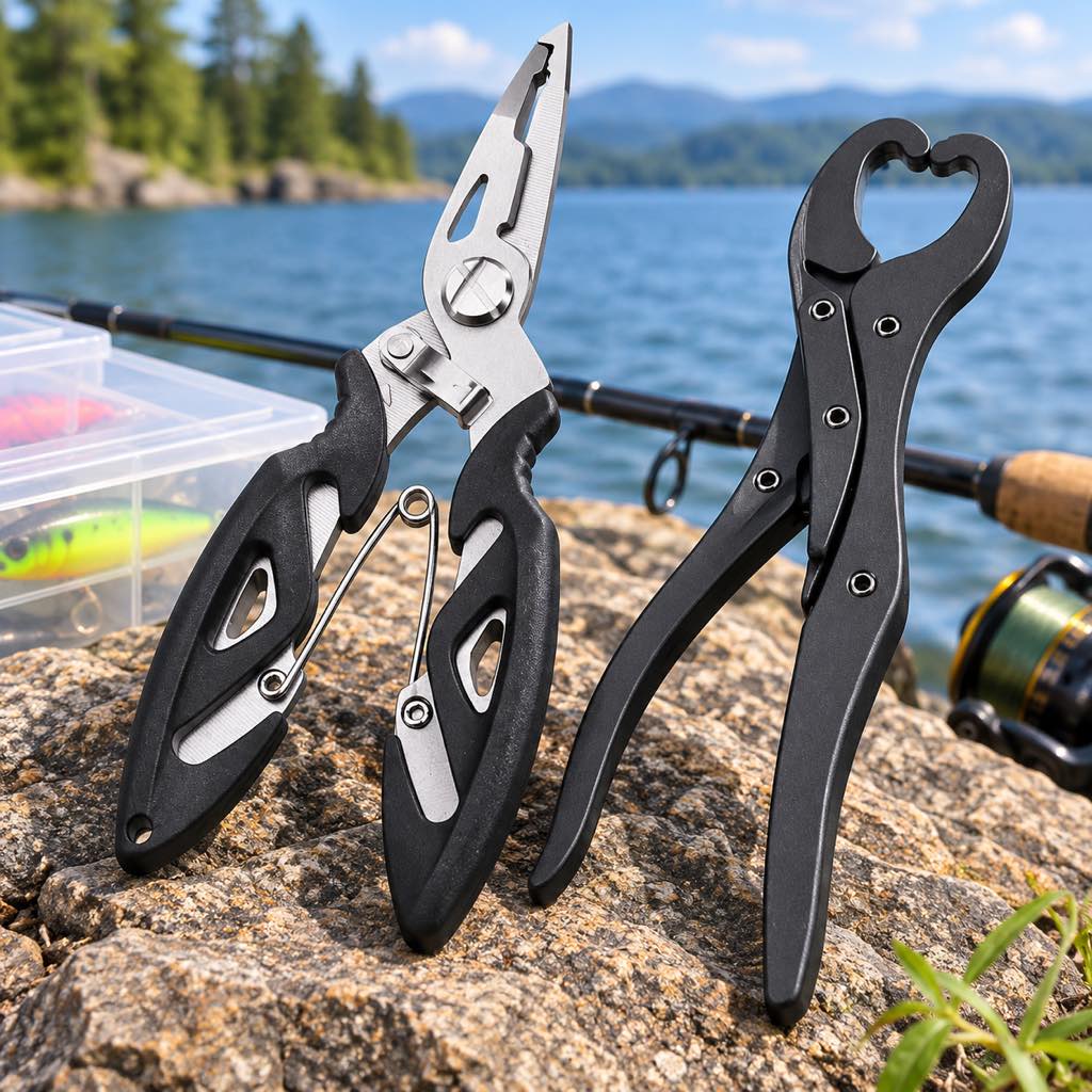 Black stainless steel fishing pliers and fish lip gripper set