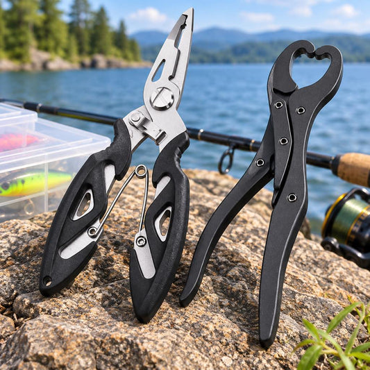 Black stainless steel fishing pliers and fish lip gripper set