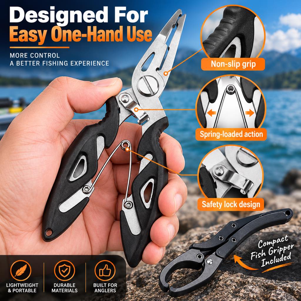 Fishing pliers one hand operation with fish lip gripper