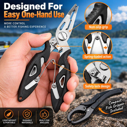 Fishing pliers one hand operation with fish lip gripper