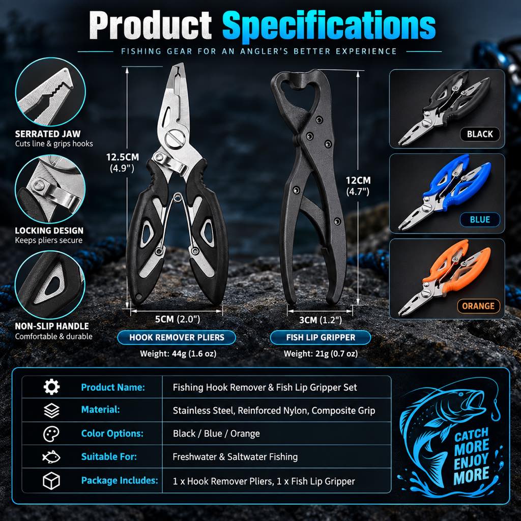 Fishing pliers and fish lip gripper product specifications