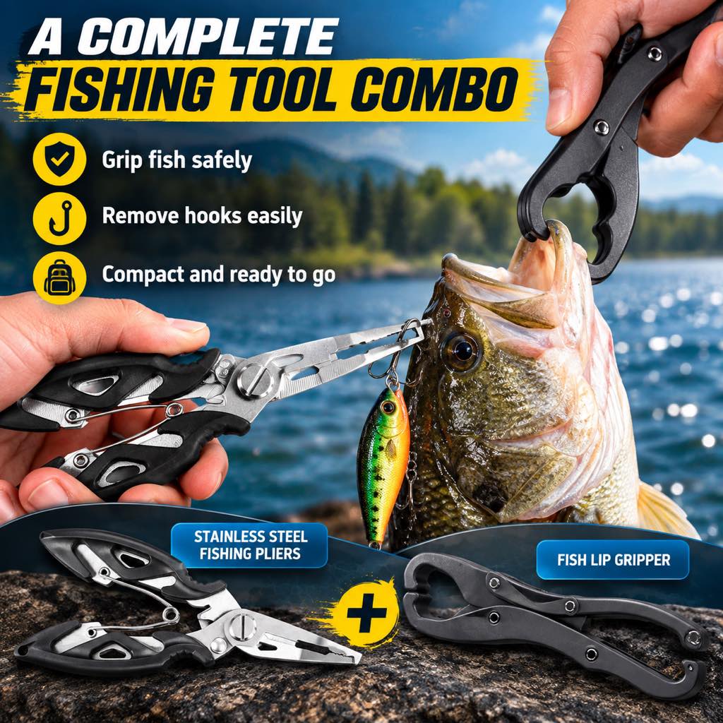 Fishing pliers and fish lip gripper combo for hook removal