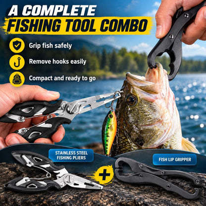Fishing pliers and fish lip gripper combo for hook removal
