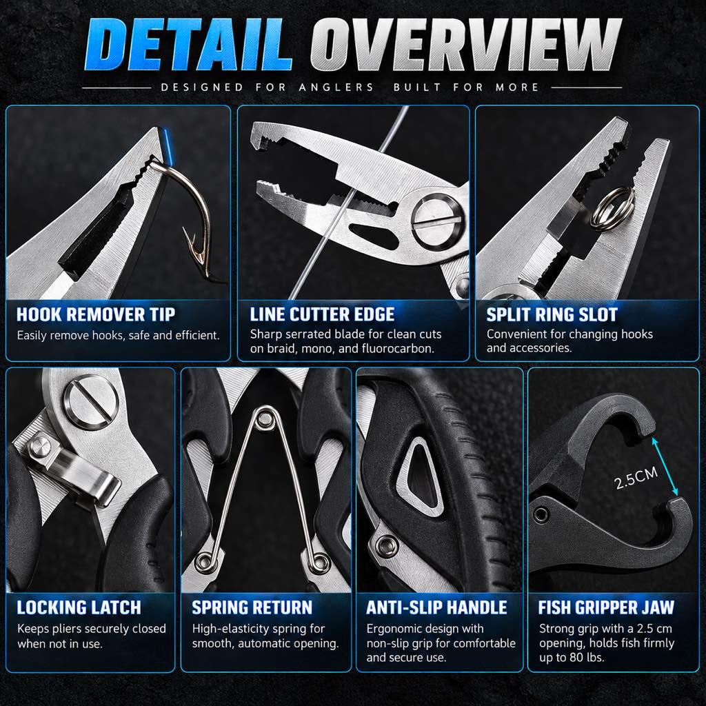 Fishing pliers and fish lip gripper detail overview