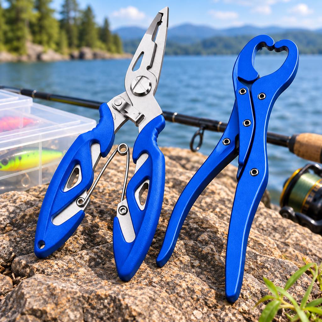 Blue stainless steel fishing pliers and fish lip gripper set