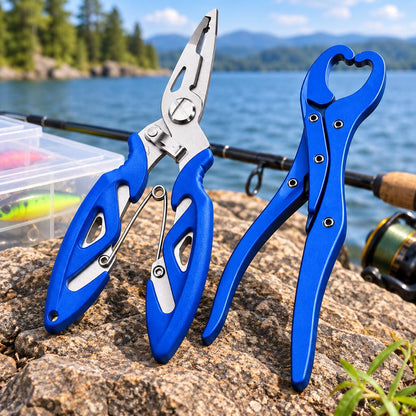Blue stainless steel fishing pliers and fish lip gripper set