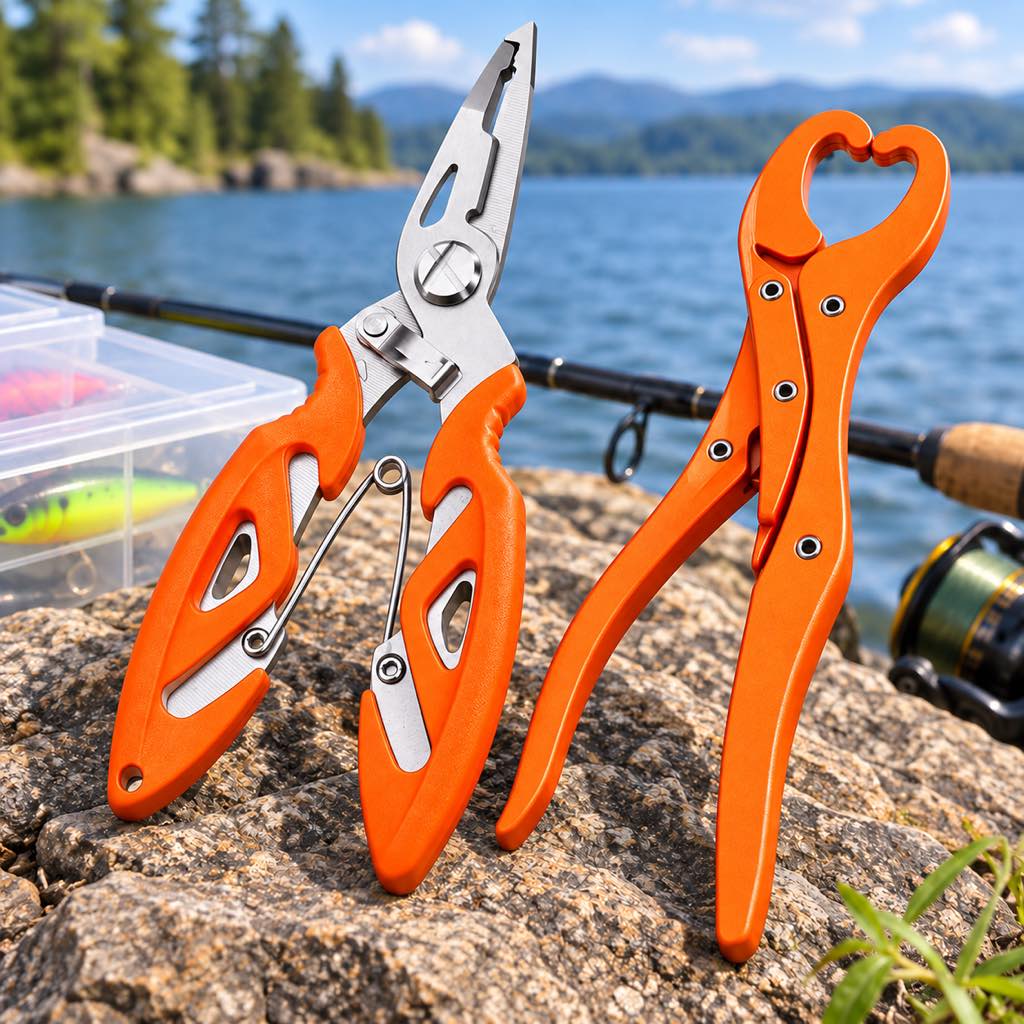 Orange stainless steel fishing pliers and fish lip gripper set