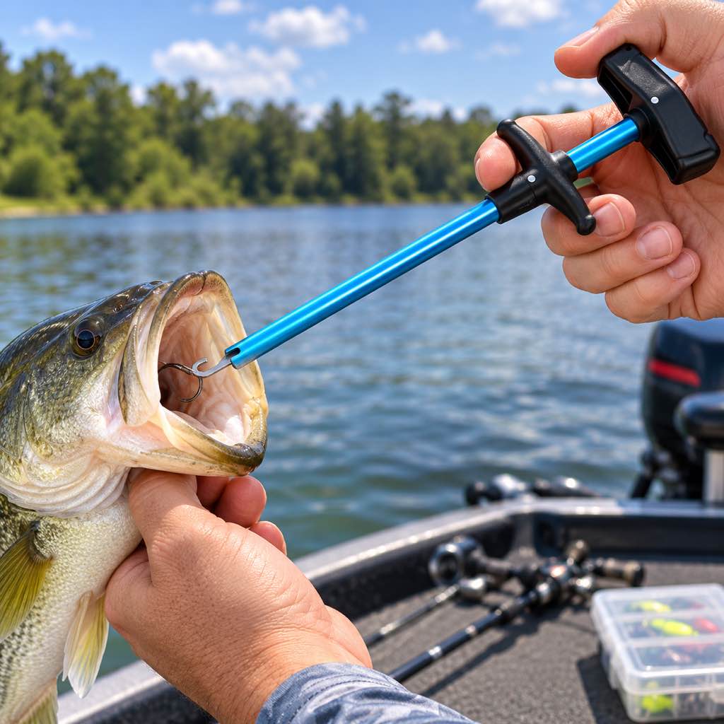 Blue large T-handle fish hook remover used on a bass