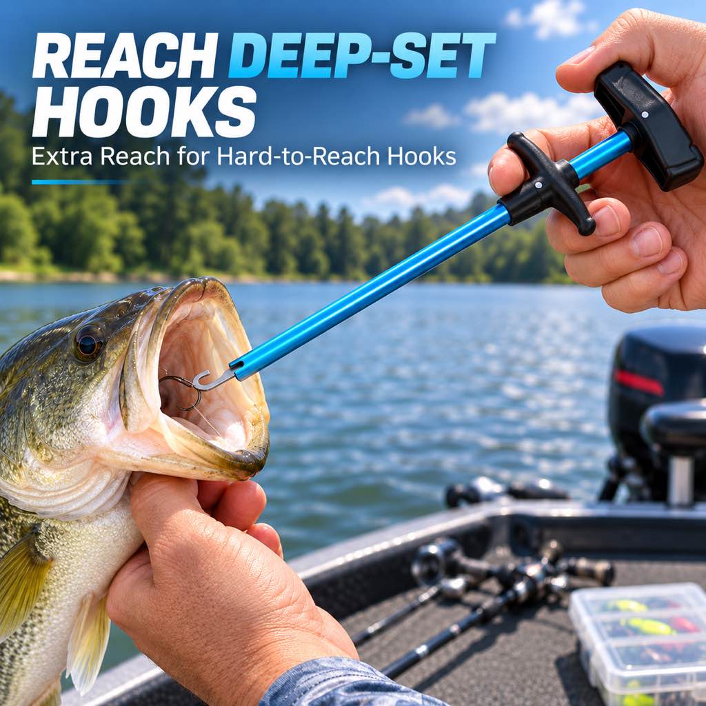 T-handle fishing tool reaching a deep-set hook in a fish mouth
