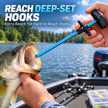 T-handle fishing tool reaching a deep-set hook in a fish mouth