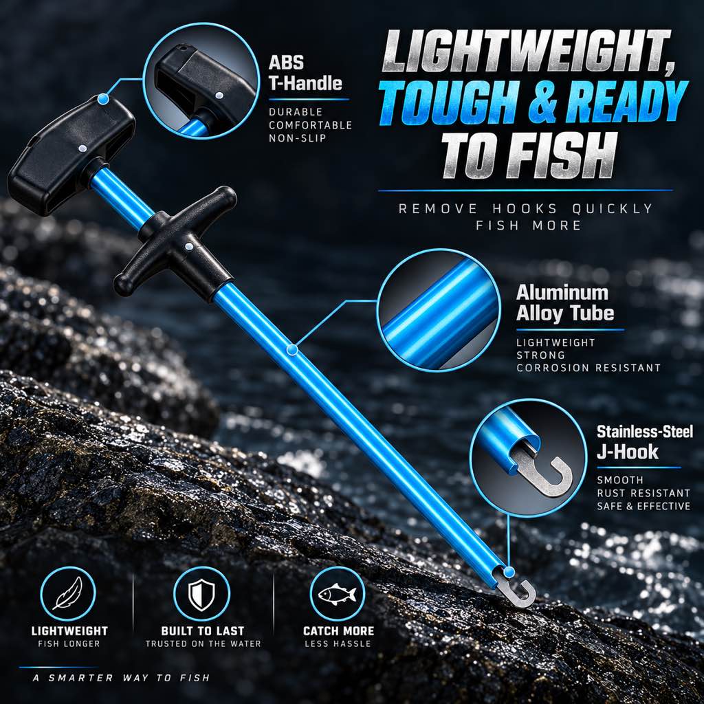 Blue aluminum alloy fish hook remover with ABS handle and steel J-hook