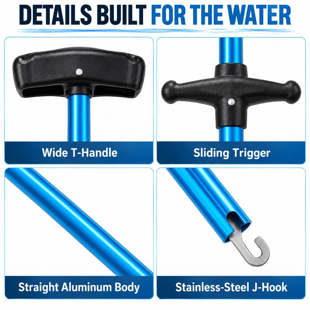 Wide T-handle sliding trigger straight aluminum body and J-hook details