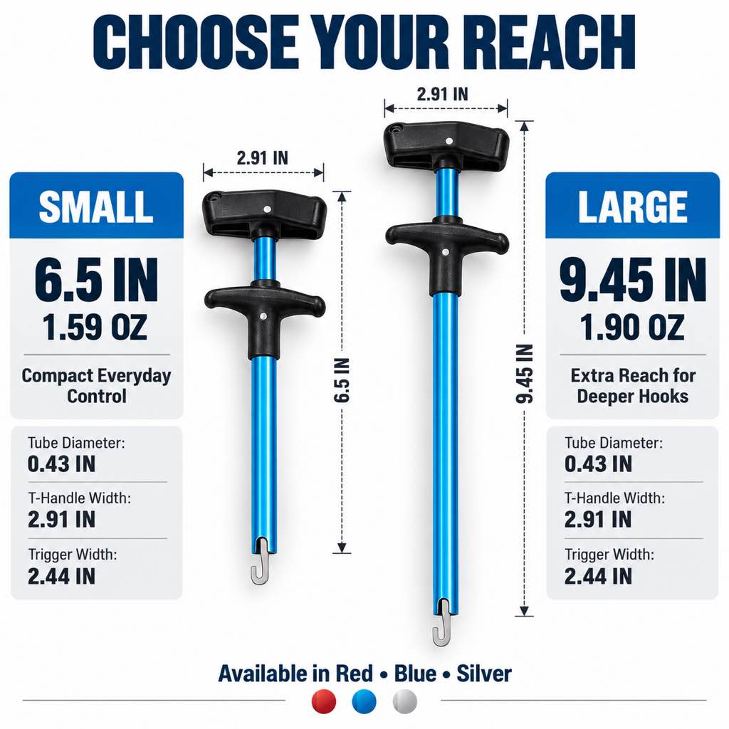 Small 6.5 inch and large 9.45 inch fish hook remover comparison