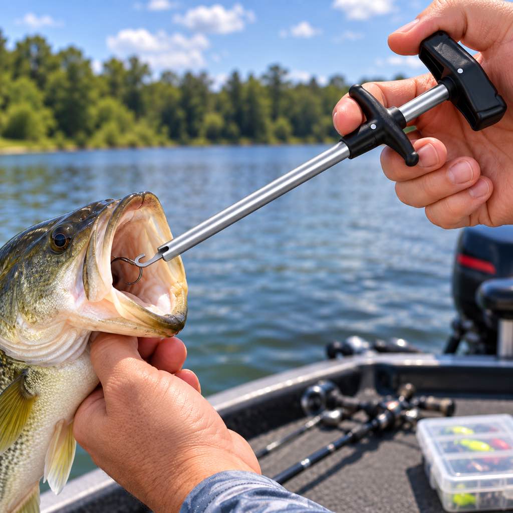 Silver T-handle fish hook remover used on a bass