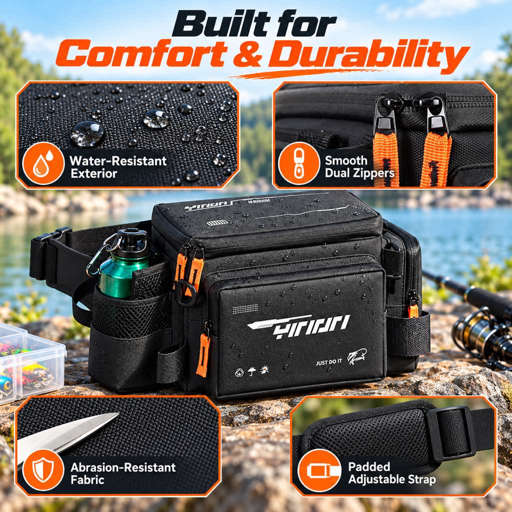 Water-resistant fishing waist bag details