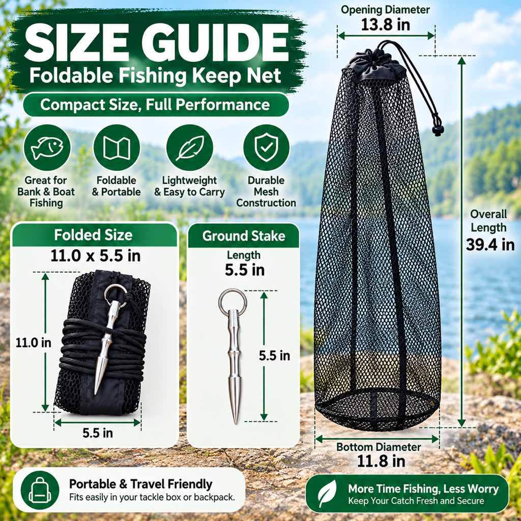 Foldable fishing keep net size guide