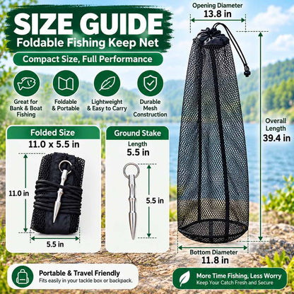 Foldable fishing keep net size guide