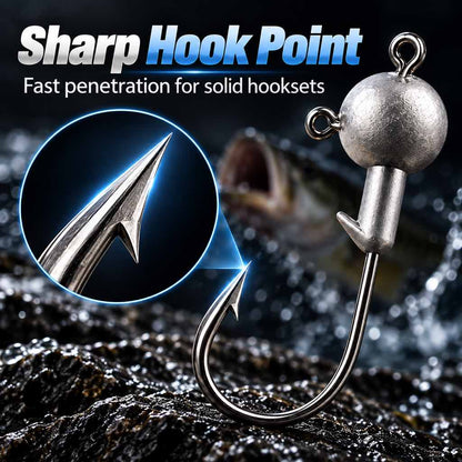 Sharp point on lead jig head hook
