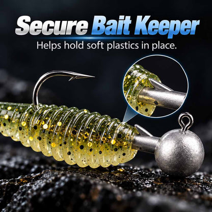 Lead jig head hook bait keeper for soft plastic lures