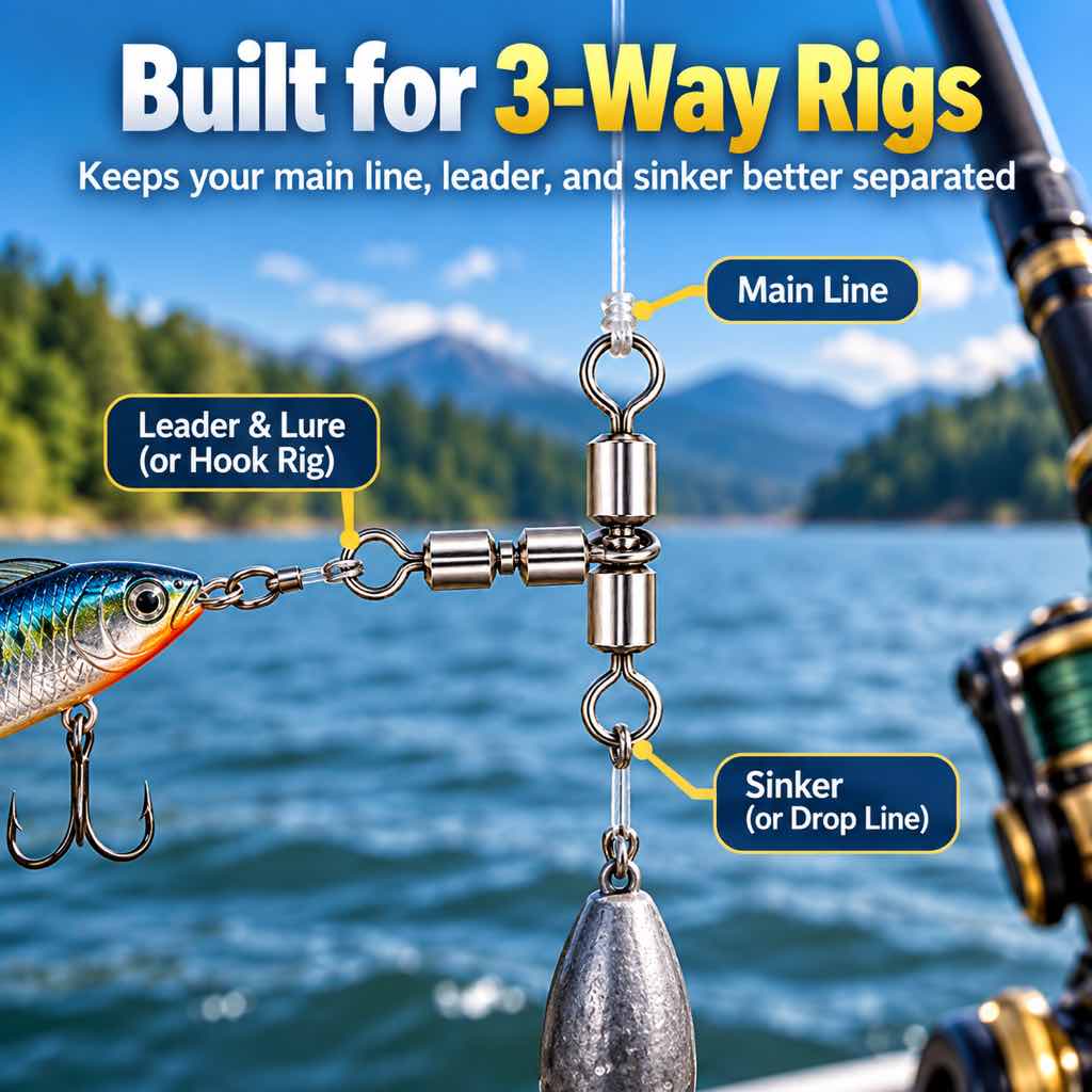 3-way T fishing swivel for leader lure and sinker rig connection