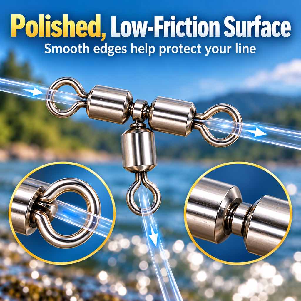 3-way fishing swivel polished low-friction surface