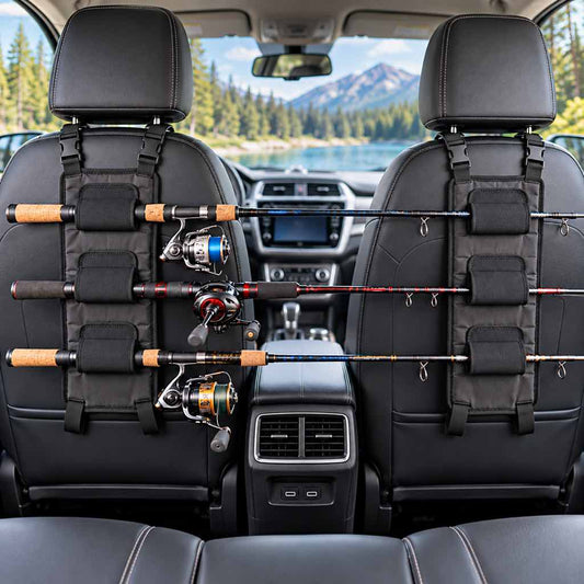 Black car seat fishing rod holder installed behind vehicle seats