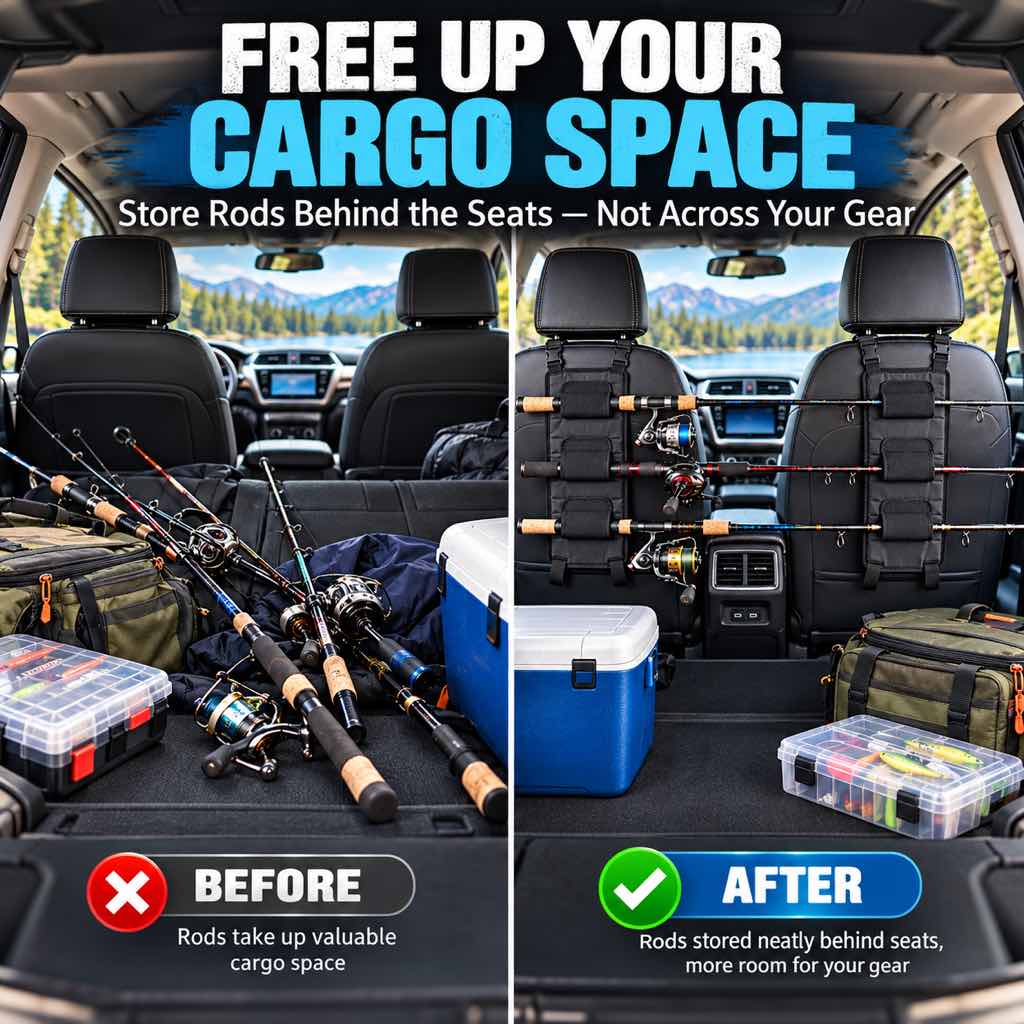 Car seat fishing rod holder frees cargo space