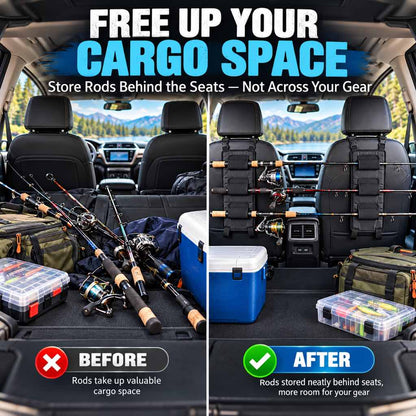 Car seat fishing rod holder frees cargo space