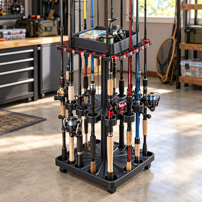 24-rod freestanding fishing rod storage rack in black