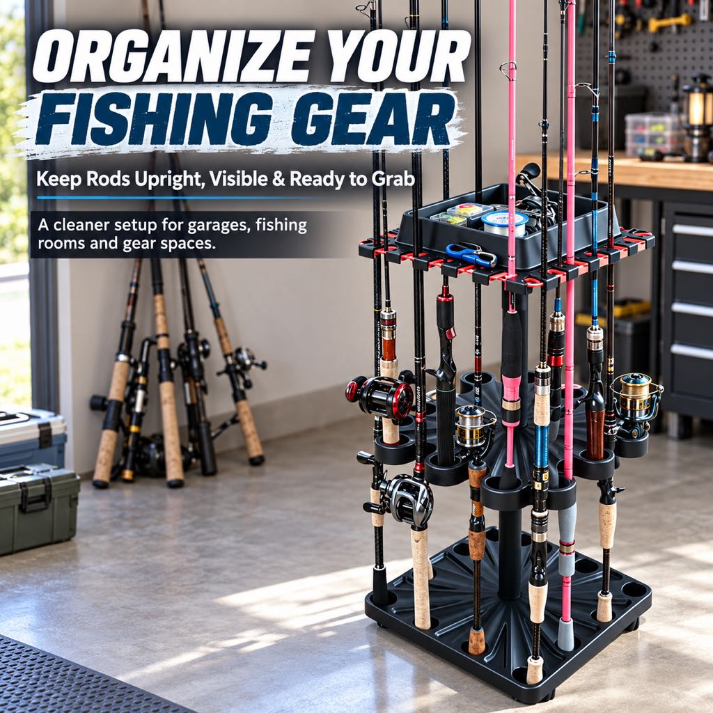 Garage fishing gear organizer with rods upright