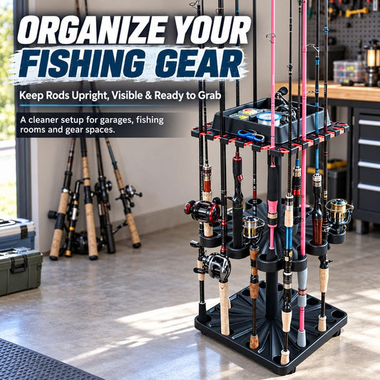 Garage fishing gear organizer with rods upright