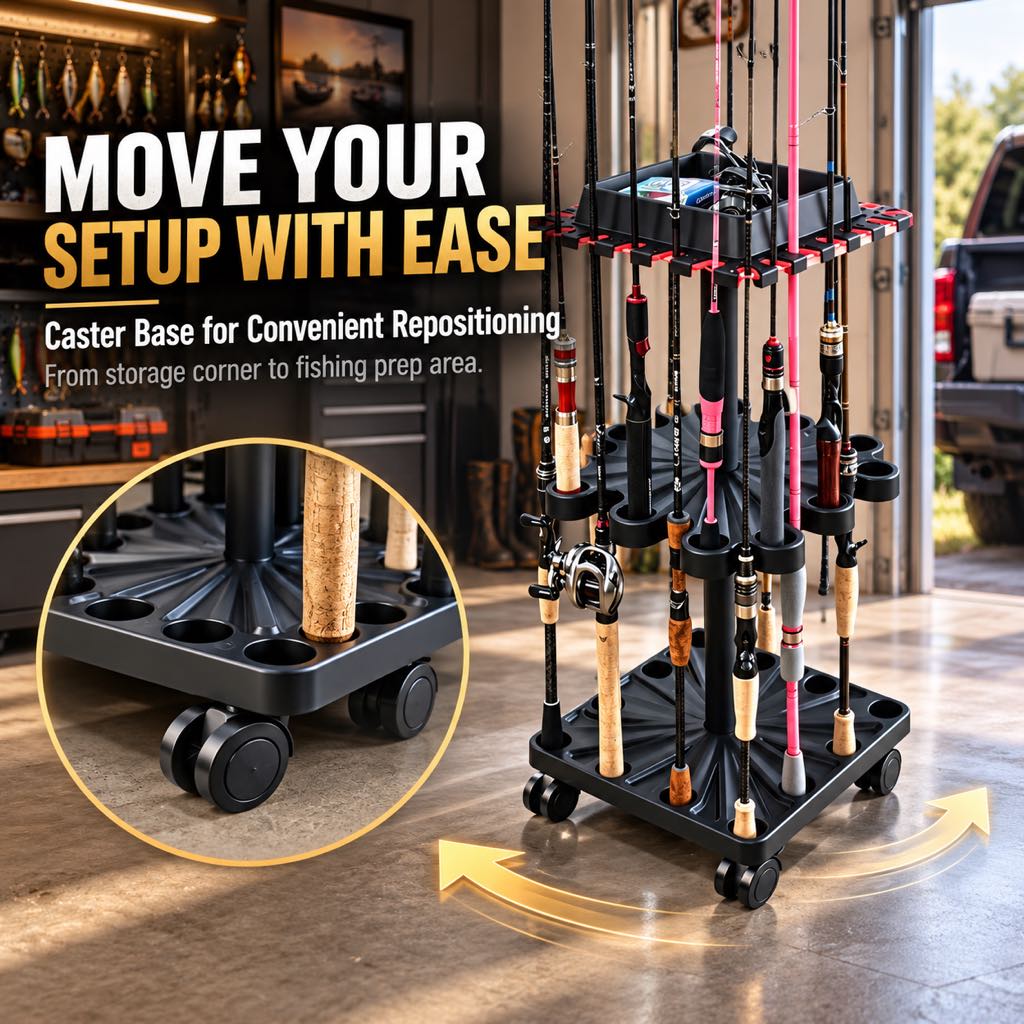 Caster-wheel base for moving the fishing rod rack