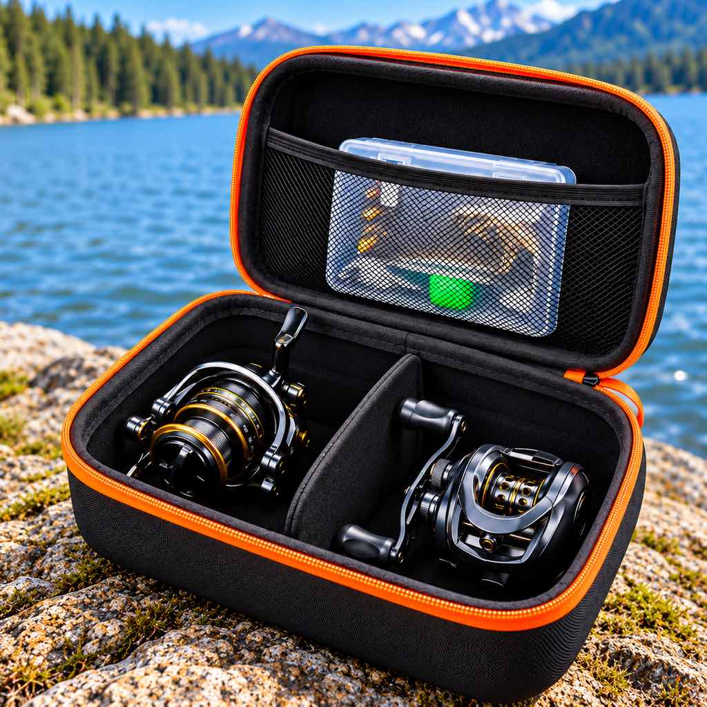 One black EVA fishing reel storage case with orange trim, open with divider