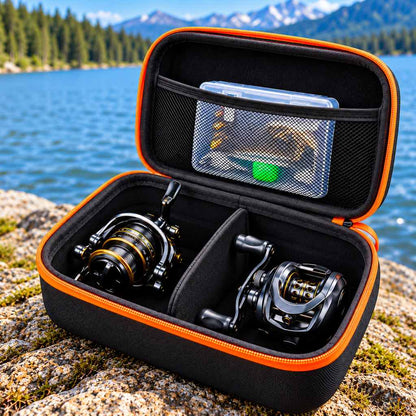 One black EVA fishing reel storage case with orange trim, open with divider