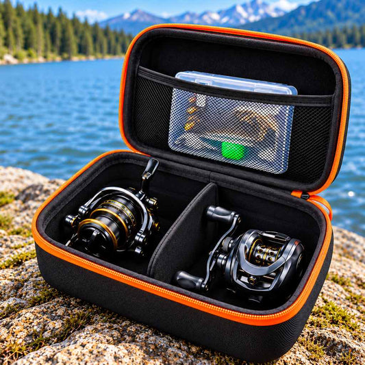 One black EVA fishing reel storage case with orange trim, open with divider