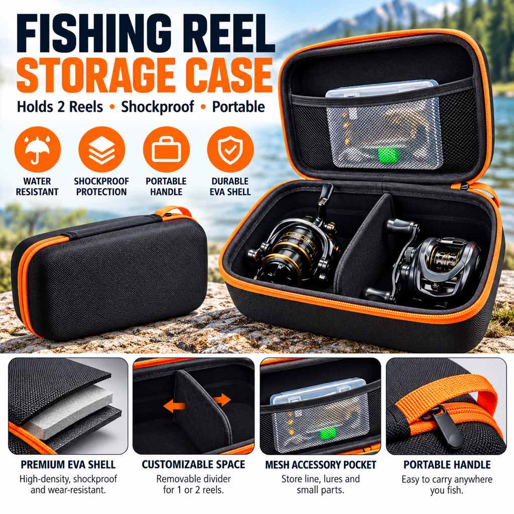 Fishing reel storage case with EVA shell and removable divider