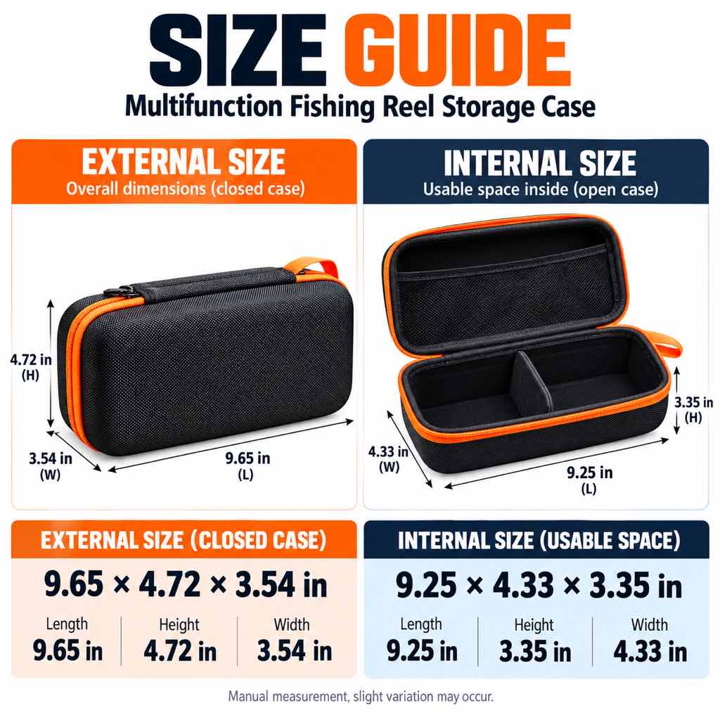 Fishing reel storage case exterior and interior size guide
