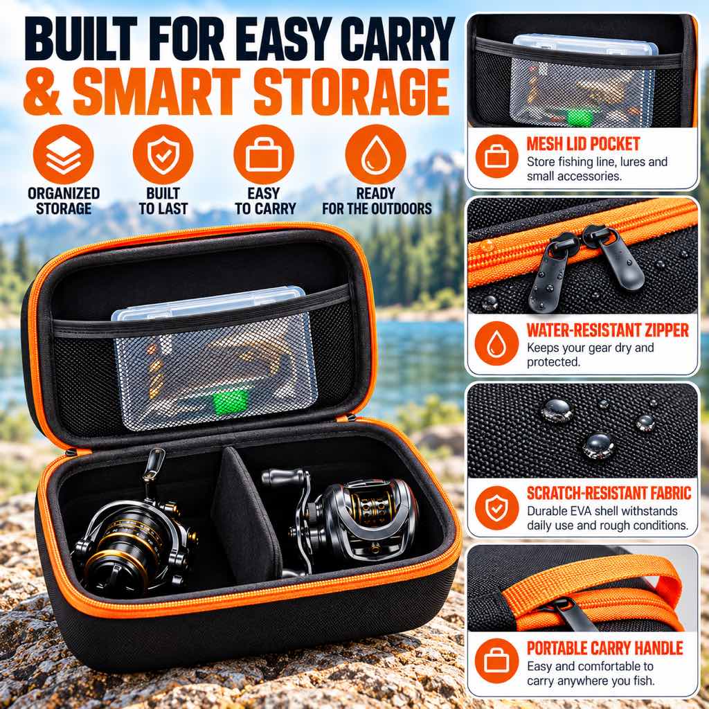 Fishing reel case mesh pocket zipper and carry handle details