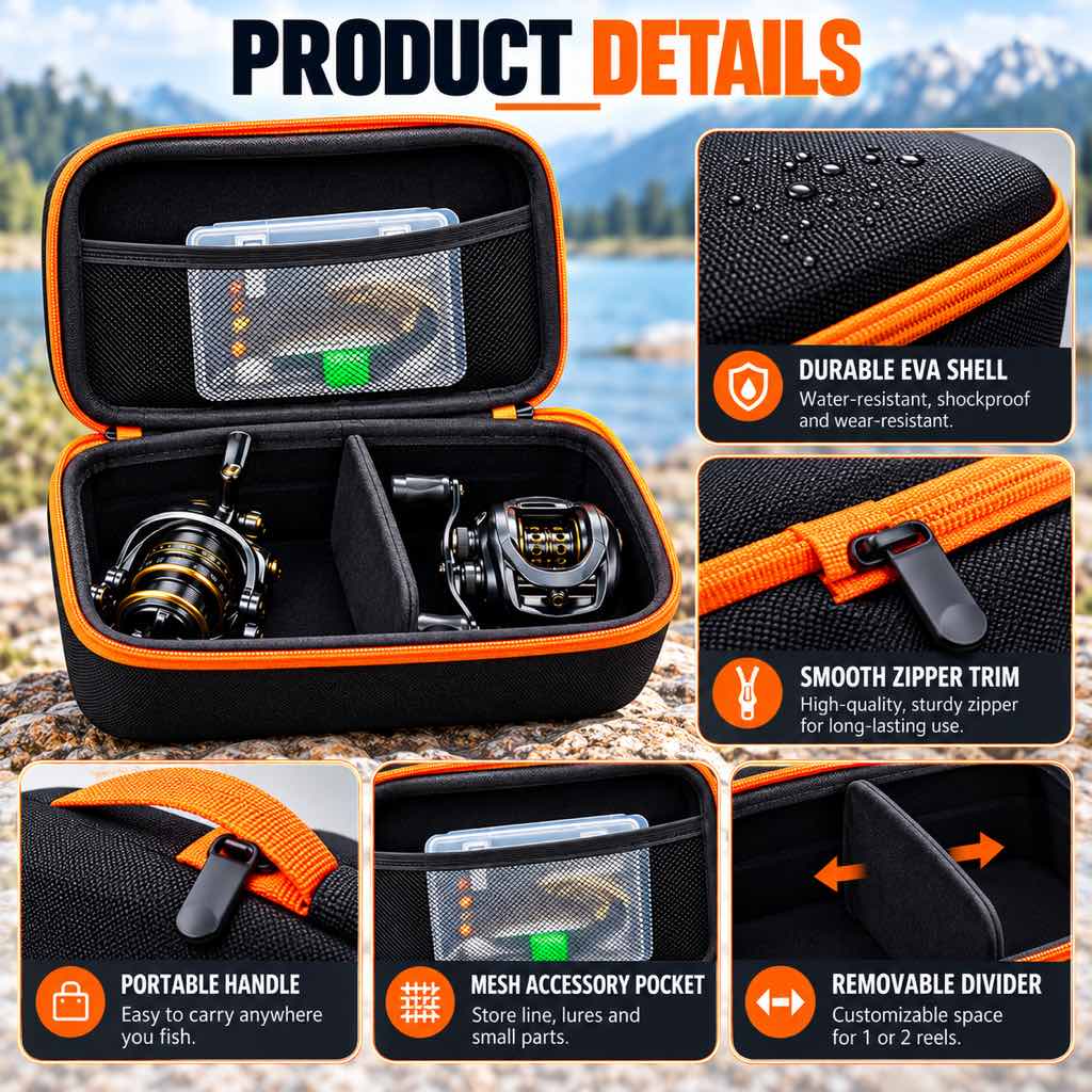 Fishing reel storage case product details including divider and mesh pocket
