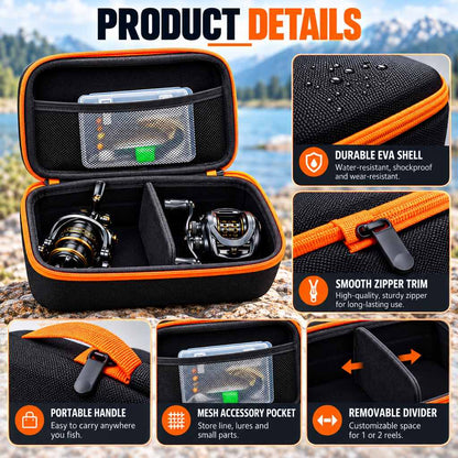 Fishing reel storage case product details including divider and mesh pocket