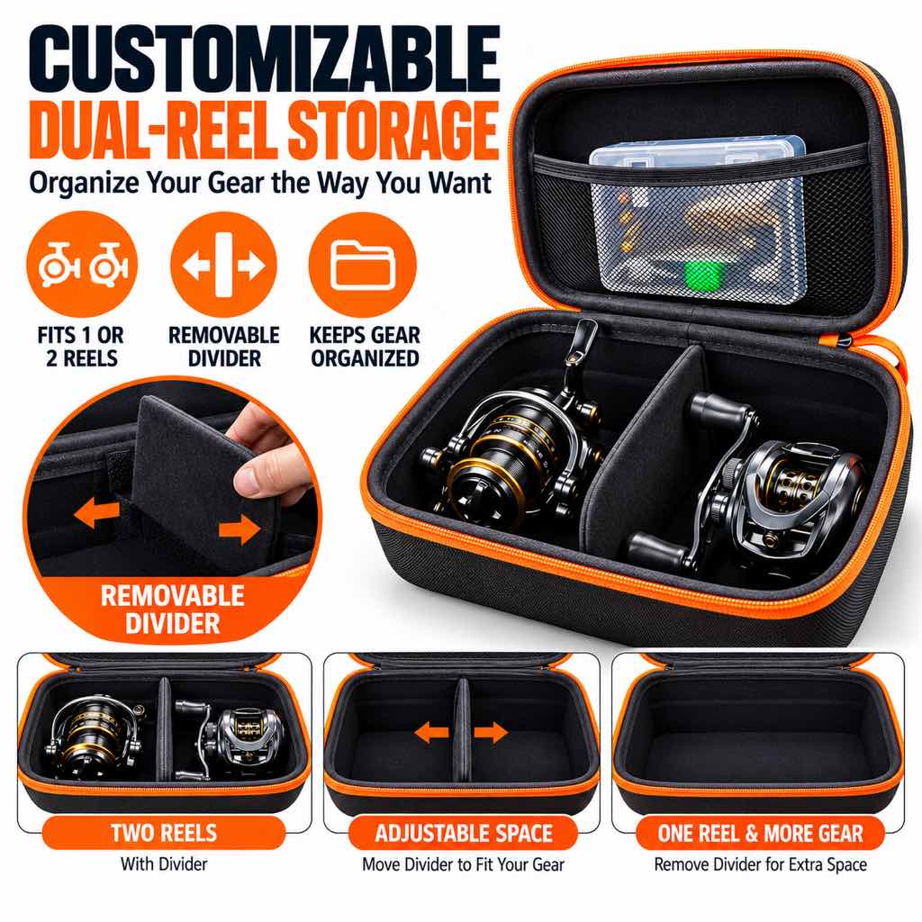 Fishing reel storage case removable divider for flexible organization