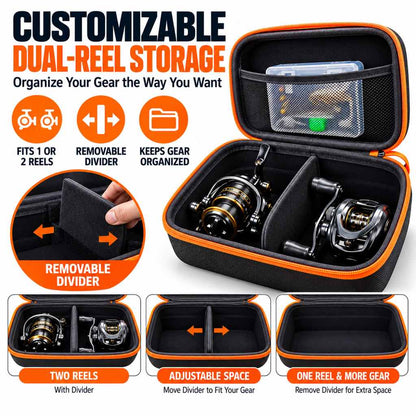 Fishing reel storage case removable divider for flexible organization