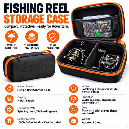 Black EVA fishing reel case with orange zipper and carry handle