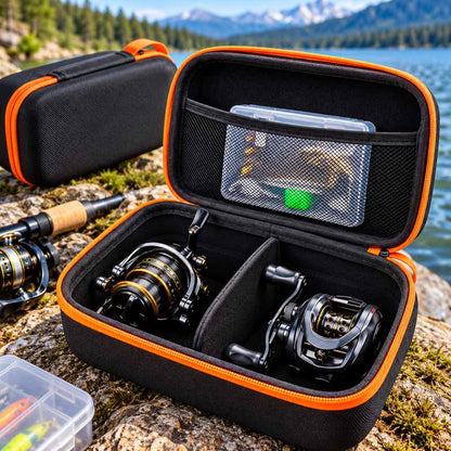 Two black EVA fishing reel storage cases with orange trim
