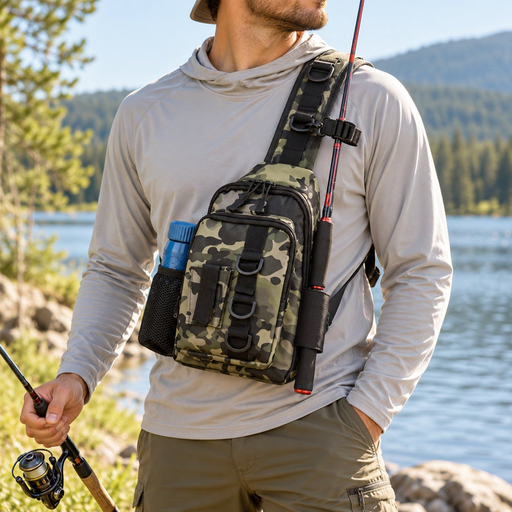 Fishing sling tackle bag with built-in rod holder