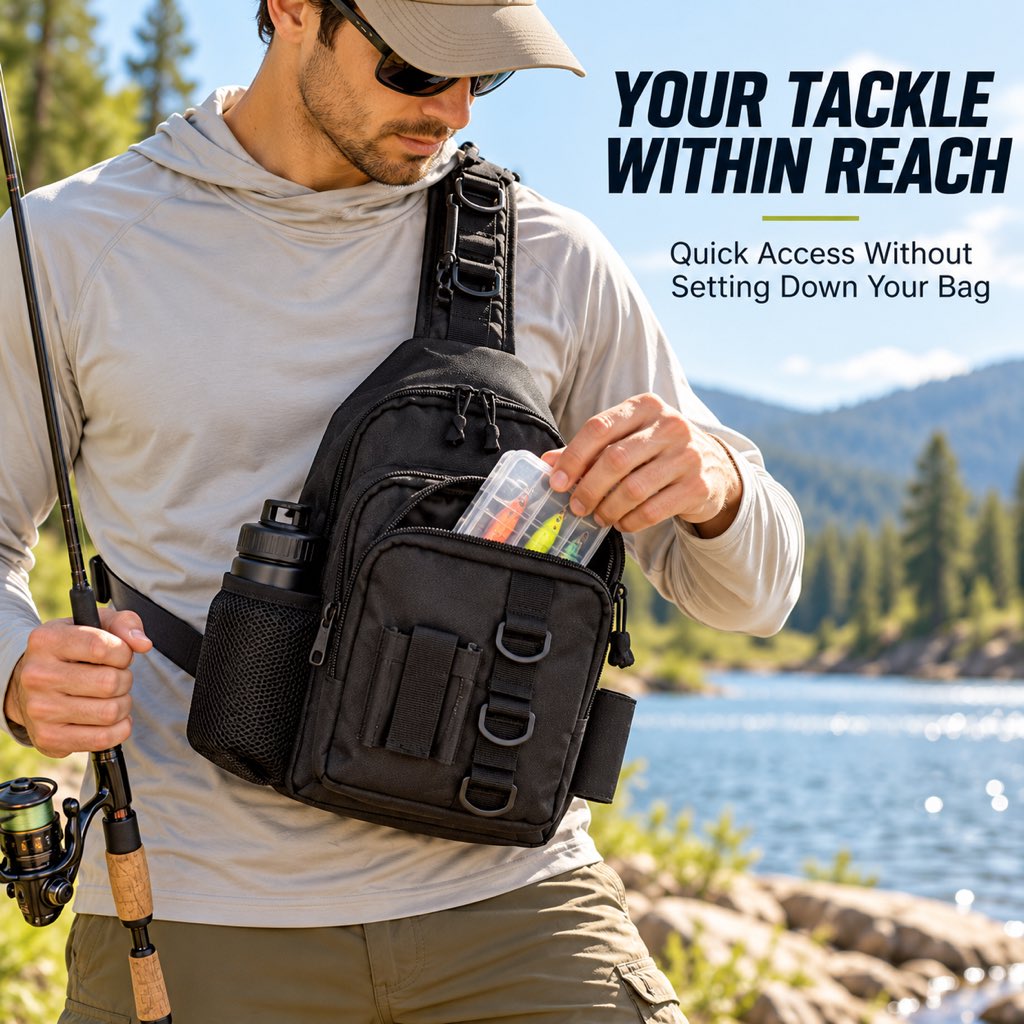 Quick-access black fishing sling tackle bag
