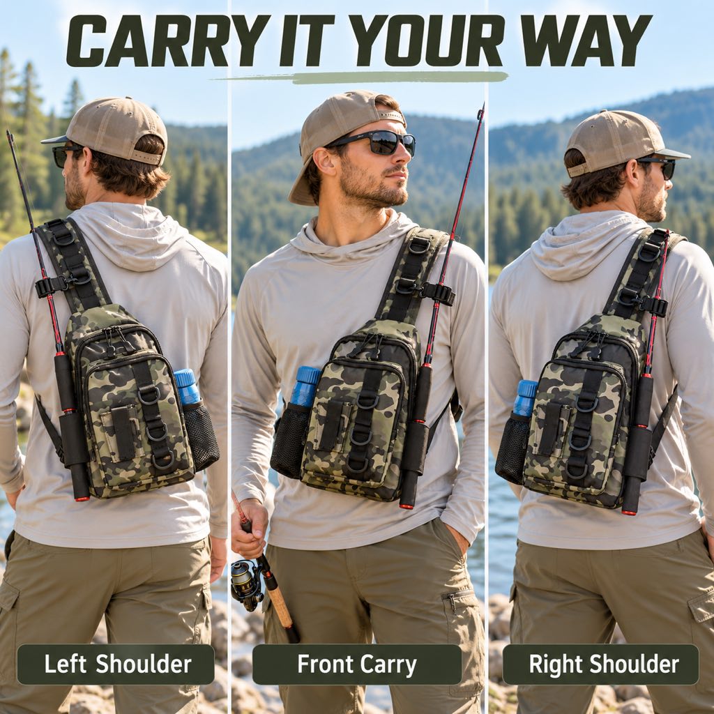 Fishing sling bag chest and back carrying options