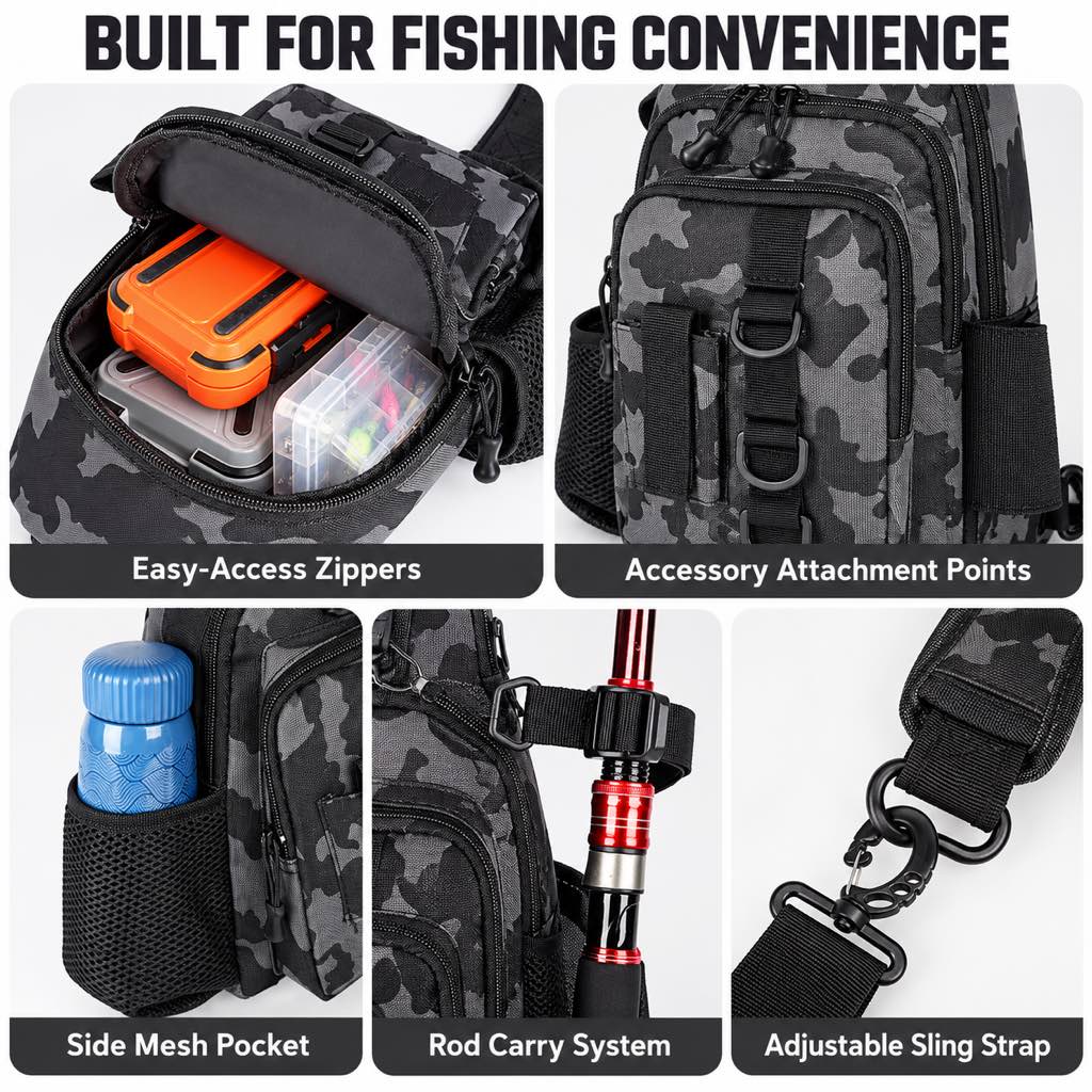 Fishing sling bag pockets rod holder and adjustable strap
